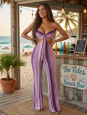 NWT L.I.F.E. Chevron Print Cutout Waist Jumpsuit Purple Pink White M